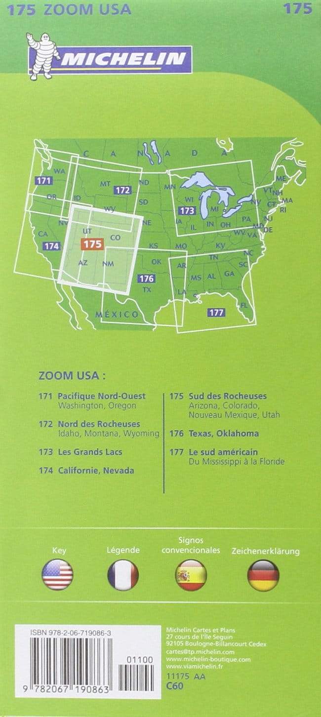Carte routière n° 175 - Four Corners : Sud des Rocheuses (Arizona, Colorado, Nouveau Mexique, Utah) | Michelin carte pliée Michelin 