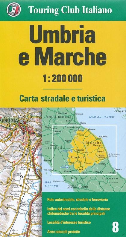 Carte routière n° 8 - Ombrie et Marches (région de Pérouse, Ancone) | Touring Club Italiano-1/200 000 carte pliée Touring 