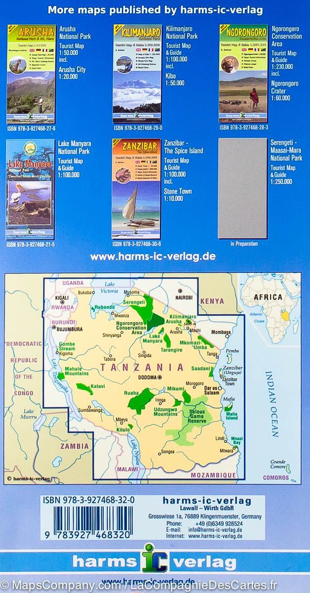 Carte routière de la Tanzanie (inclus Dar es Salaam, Arusha) | Harms Verlag - La Compagnie des Cartes