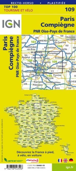 Carte TOP 100 n° 109 - Paris, Compiègne, PNR Oise-Pays de France | IGN carte pliée IGN 