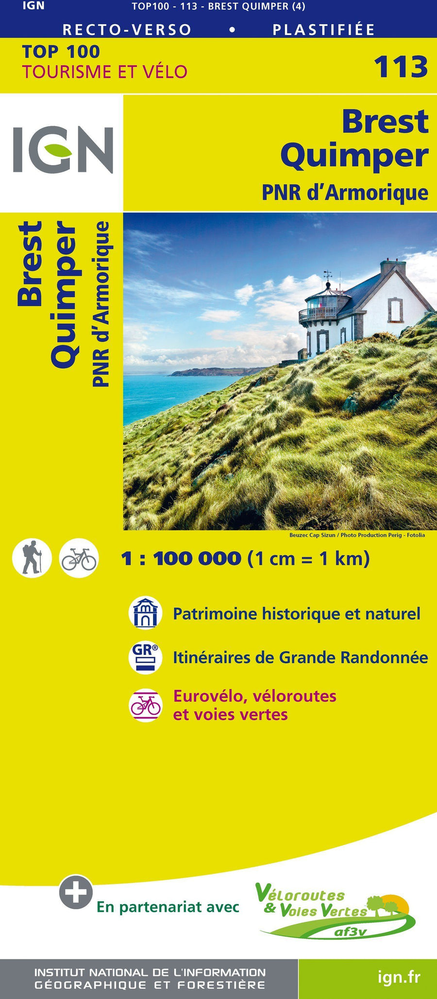 Carte TOP 100 n° 113 - Brest, Quimper & PNR d'Armorique | IGN carte pliée IGN 