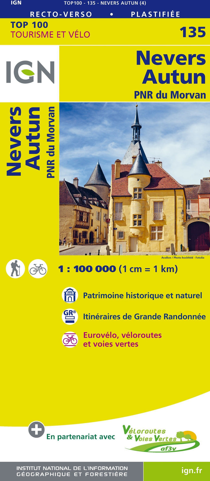 Carte TOP 100 n° 135 - Nevers, Autun & PNR du Morvan | IGN carte pliée IGN 