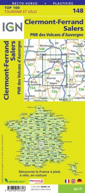 Carte TOP 100 n° 148 - Clermont-Ferrand, Salers & PNR des Volcans d'Auvergne | IGN carte pliée IGN 