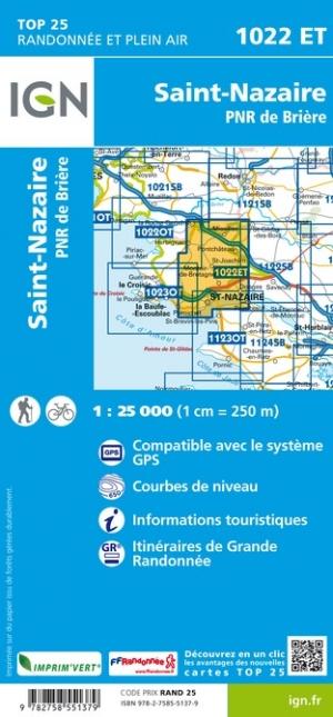 Carte TOP 25 n° 1022 ET- St-Nazaire, PNR de Brière | IGN carte pliée IGN 