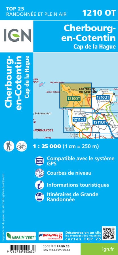Carte TOP 25 n° 1210 OT - Cherbourg en Cotentin, Cap de la Hague | IGN carte pliée IGN 