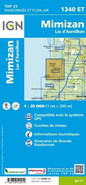 Carte TOP 25 n° 1340 ET - Mimizan, Lac d'Aureilhan | IGN carte pliée IGN 