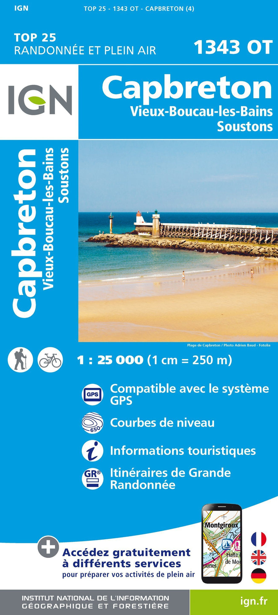 Carte TOP 25 n° 1343 OT - Capbreton, Vieux Boucau, Soustons | IGN carte pliée IGN 