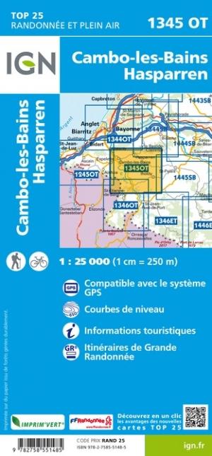 Carte TOP 25 n° 1345 OT - Cambo-les-bains & Hasparren (Pyrénées) | IGN carte pliée IGN 