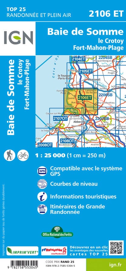 Carte TOP 25 n° 2106 ET - Baie de Somme, Le Crotoy, Fort-Mahon-Plage | IGN carte pliée IGN 