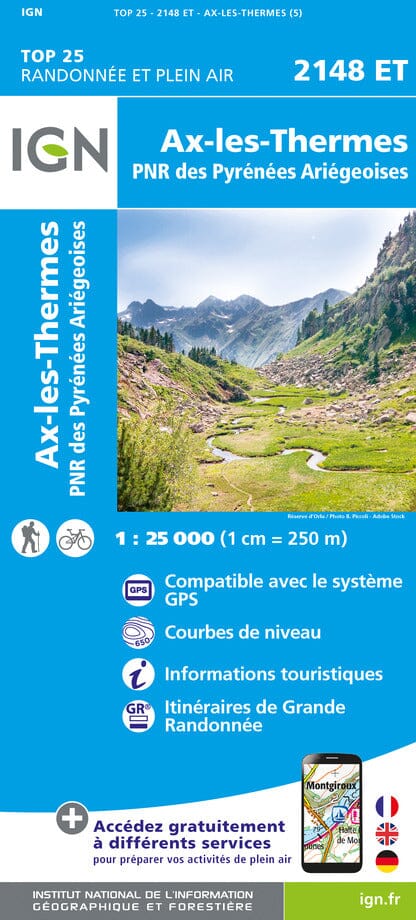Carte TOP 25 n° 2148 ET - Ax-les-Thermes (PNR des Pyrénées Ariégeoises) | IGN carte pliée IGN 