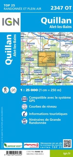 Carte TOP 25 n° 2347 OT - Quillan & Alet-les-bains (Pyrénées) | IGN carte pliée IGN 