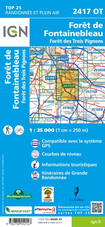 Carte TOP 25 n° 2417 OT - Forêt de Fontainebleau & Forêt des trois Pignons | IGN carte pliée IGN 