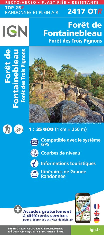 Carte TOP 25 n° 2417 OTR (Résistante) - Forêt de Fontainebleau & Forêt des Trois Pignons | IGN carte pliée IGN 