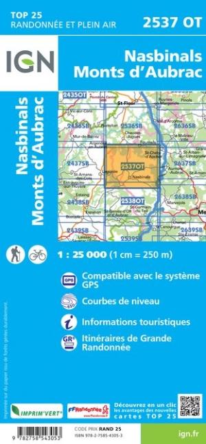 Carte TOP 25 n° 2537 OT - Nasbinals, Monts d'Aubrac | IGN carte pliée IGN 