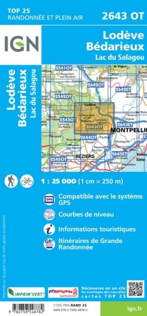 Carte TOP 25 n° 2643 OT - Lodève, Bédarieux, Lac du Salagou | IGN carte pliée IGN 