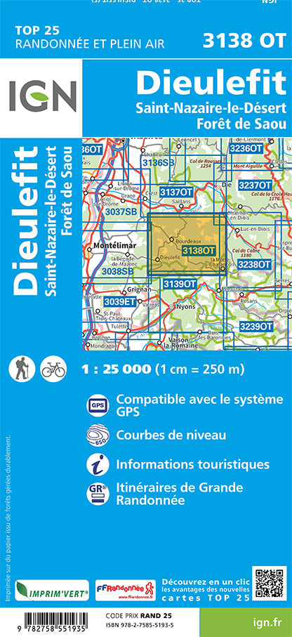 Carte TOP 25 n° 3138 OT - Dieulefit, Saint-Nazaire-le-Désert & forêt de Saou (Drôme) | IGN carte pliée IGN 