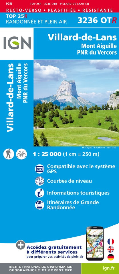 Carte TOP 25 n° 3236 OTR (résistante) - Villard-de-Lans, Mont Aiguille (PN du Vercors, Alpes) | IGN carte pliée IGN 2022 