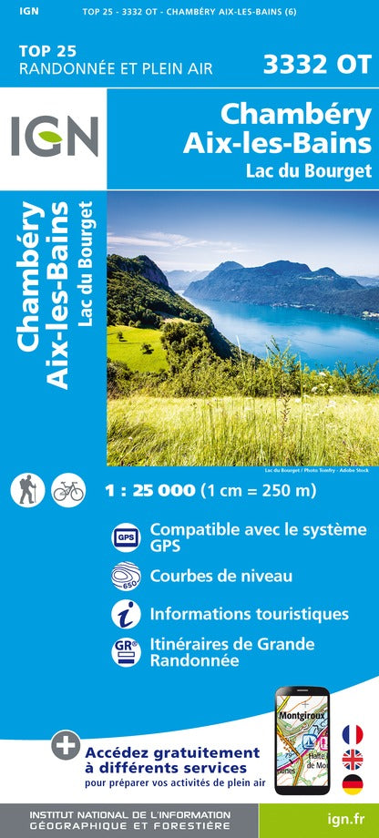 Carte TOP 25 n° 3332 OT - Chambéry, Aix-les-Bains & Lac du Bourget | IGN carte pliée IGN 