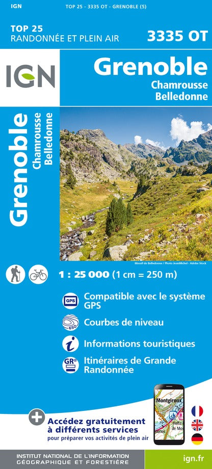 Carte TOP 25 n° 3335 OT - Grenoble, Chamrousse & chaîne de Belledonne (Alpes) | IGN carte pliée IGN 