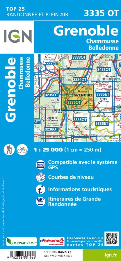 Carte TOP 25 n° 3335 OT - Grenoble, Chamrousse & chaîne de Belledonne (Alpes) | IGN carte pliée IGN 