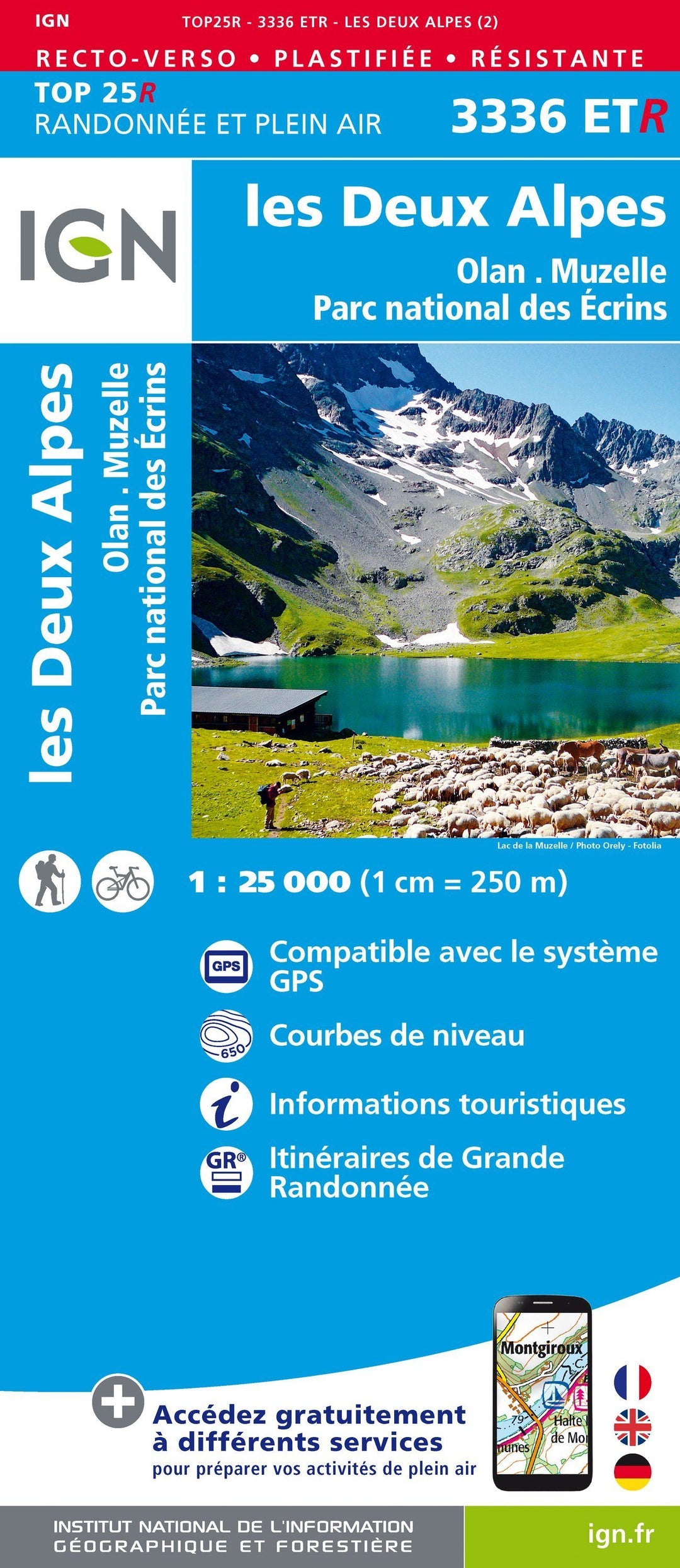 Carte TOP 25 n° 3336 ETR (résistante) - Les Deux Alpes, Olan, Muzelle (PN des Ecrins, Alpes) | IGN carte pliée IGN 