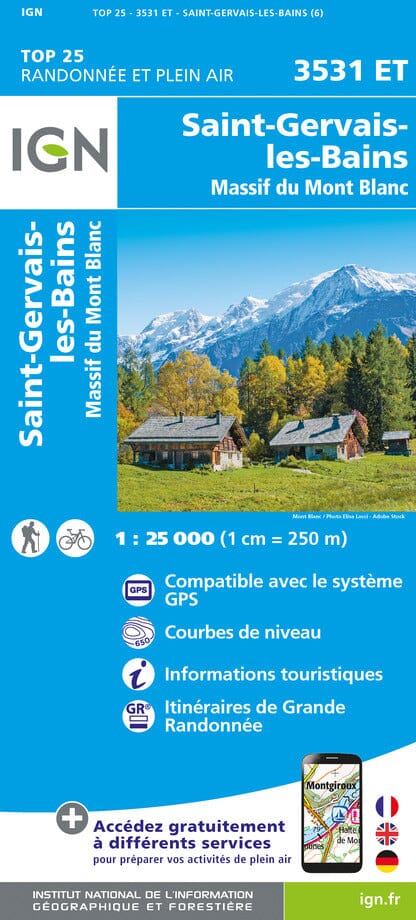 Carte TOP 25 n° 3531 ET - Saint-Gervais-les-Bains & Massif du Mont Blanc | IGN carte pliée IGN 