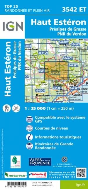 Carte TOP 25 n° 3542 ET - Haut Estéron et Préalpes de Grasse (PNR du Verdon) | IGN carte pliée IGN 