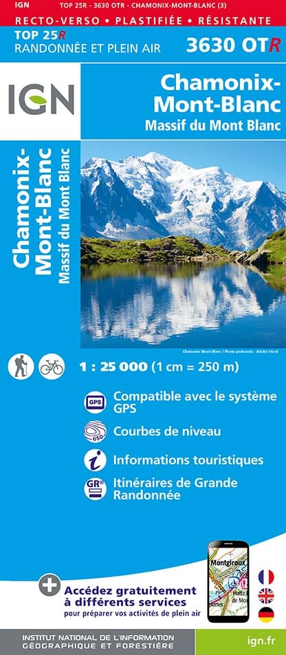 Carte TOP 25 n° 3630 OTR (résistante) - Chamonix-Mont-Blanc & Massif du Mont Blanc | IGN carte pliée IGN 