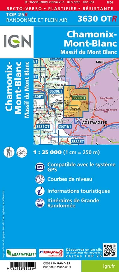 Carte TOP 25 n° 3630 OTR (résistante) - Chamonix-Mont-Blanc & Massif du Mont Blanc | IGN carte pliée IGN 