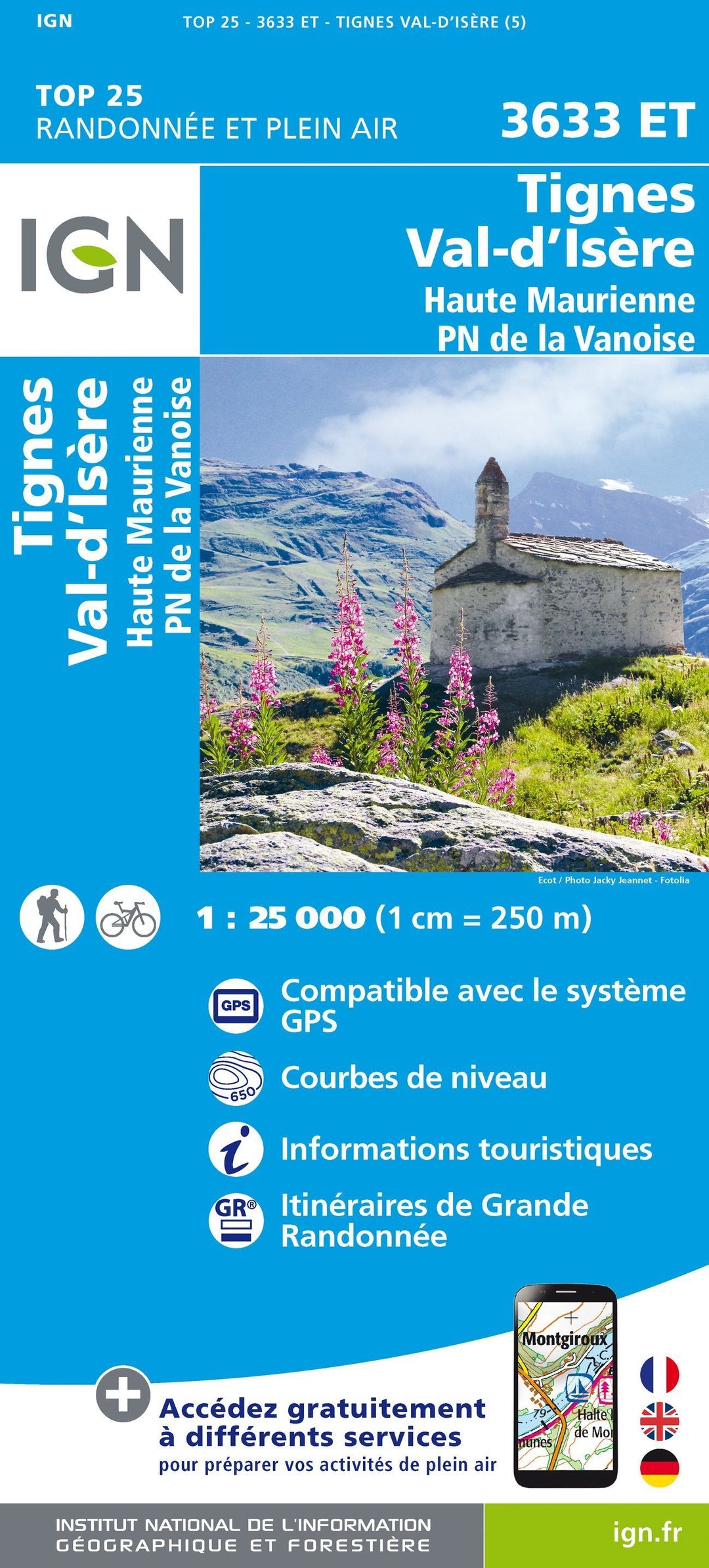 Carte TOP 25 n° 3633 ET - Tignes, Val d'Isère, Haute Maurienne (PN de la Vanoise) | IGN carte pliée IGN 