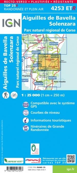 Carte TOP 25 n° 4253 ETR (résistante) - Aiguilles de Bavella, Solenzara (PNR de Corse) | IGN carte pliée IGN 