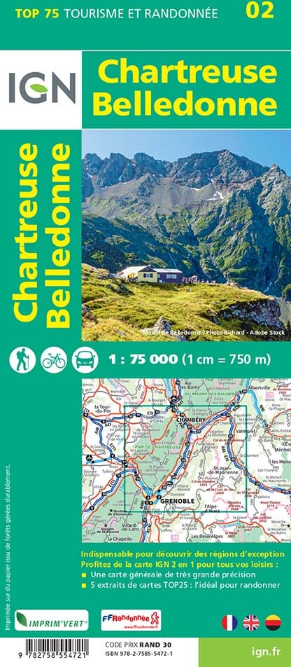 Carte TOP 75 n° 2 - Massif de la Chartreuse et du Belledonne | IGN carte pliée IGN 