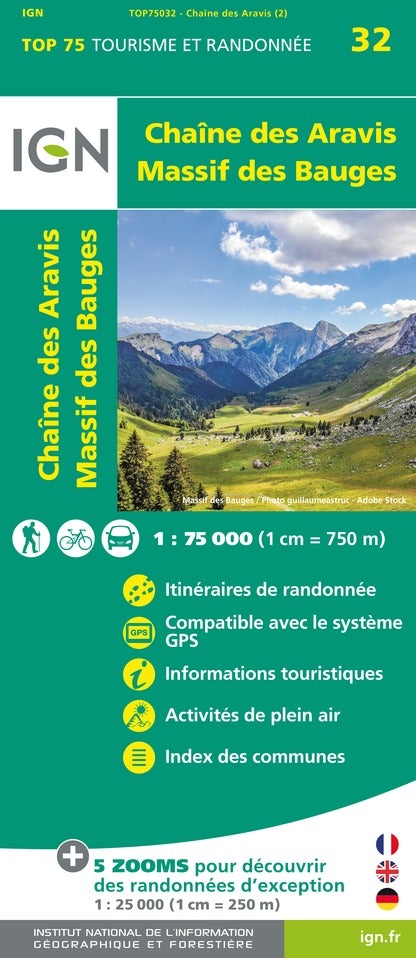 Carte TOP 75 n° 32 - Chaîne des Aravis & Massif des Bauges | IGN carte pliée IGN 