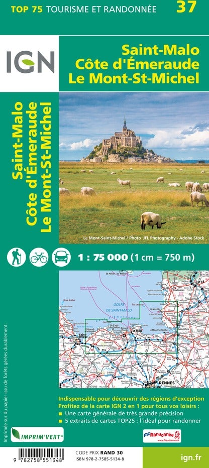 Carte TOP 75 n° 37 - Saint Malo, Côte d'Emeraude, Mont-St-Michel | IGN carte pliée IGN 
