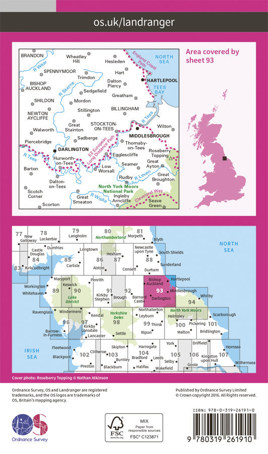 Carte topographique n° 093 - Middlesbrough, Darlington (Grande Bretagne) | Ordnance Survey - Landranger carte pliée Ordnance Survey Papier 