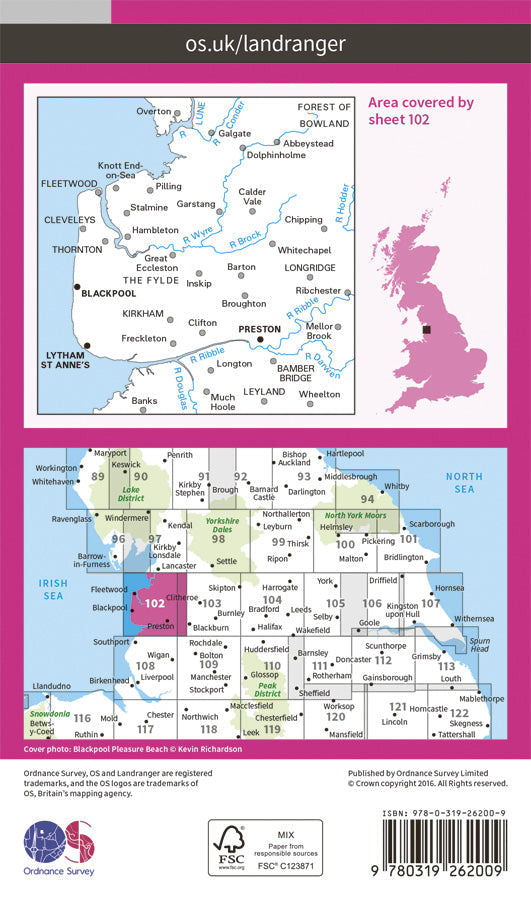 Carte topographique n° 102 - Preston, Blackpool (Grande Bretagne) | Ordnance Survey - Landranger carte pliée Ordnance Survey Papier 