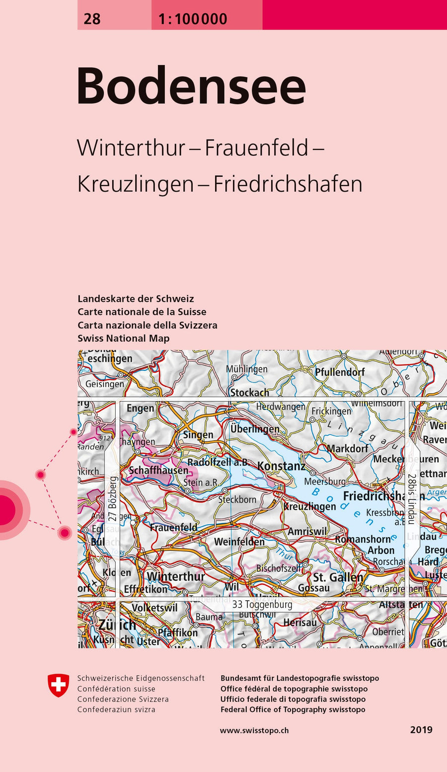 Carte topographique n° 28 - Lac de Constance (Suisse) | Swisstopo - 1/100 000 carte pliée Swisstopo 