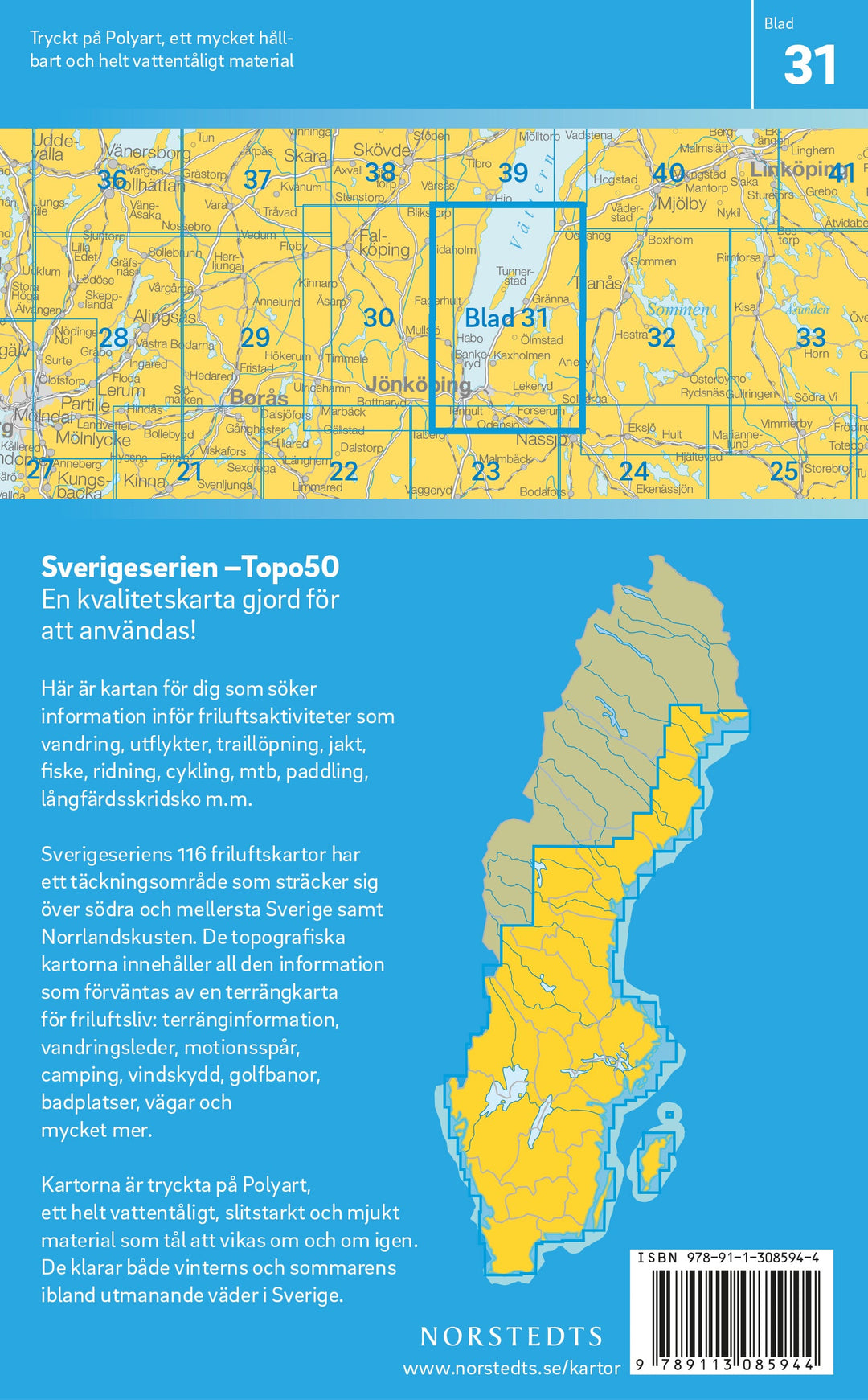 Carte topographique n° 31 - Jönköping (Suède) | Norstedts - Sverigeserien carte pliée Norstedts 