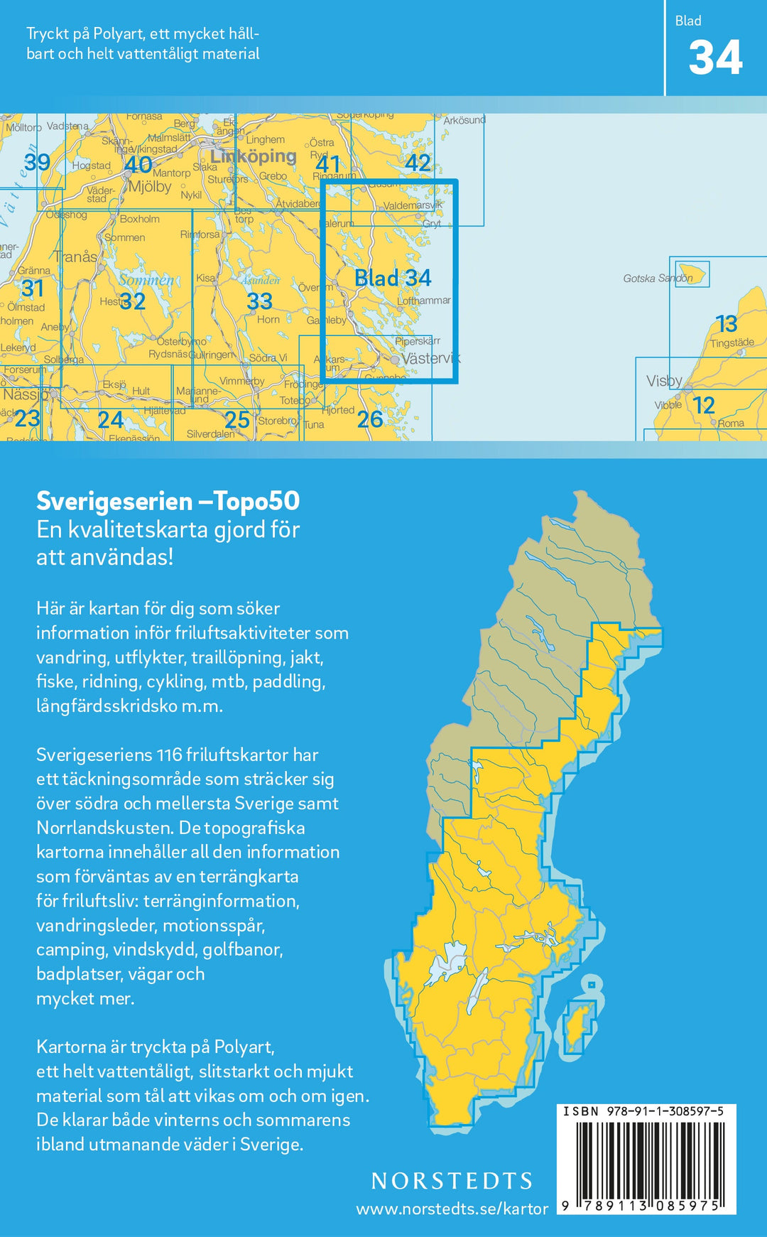 Carte topographique n° 34 - Valdemarsvik (Suède) | Norstedts - Sverigeserien carte pliée Norstedts 