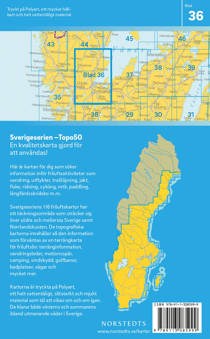 Carte topographique n° 36 - Trollhättan (Suède) | Norstedts - Sverigeserien carte pliée Norstedts 