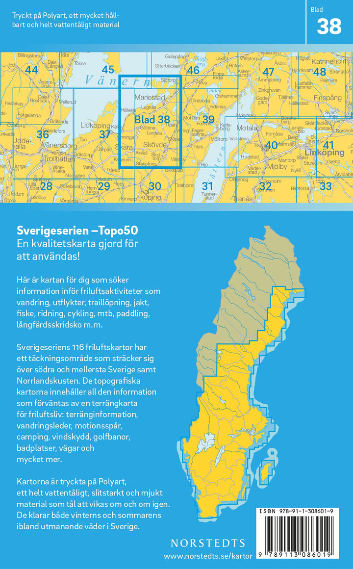 Carte topographique n° 38 - Skövde (Suède) | Norstedts - Sverigeserien carte pliée Norstedts 