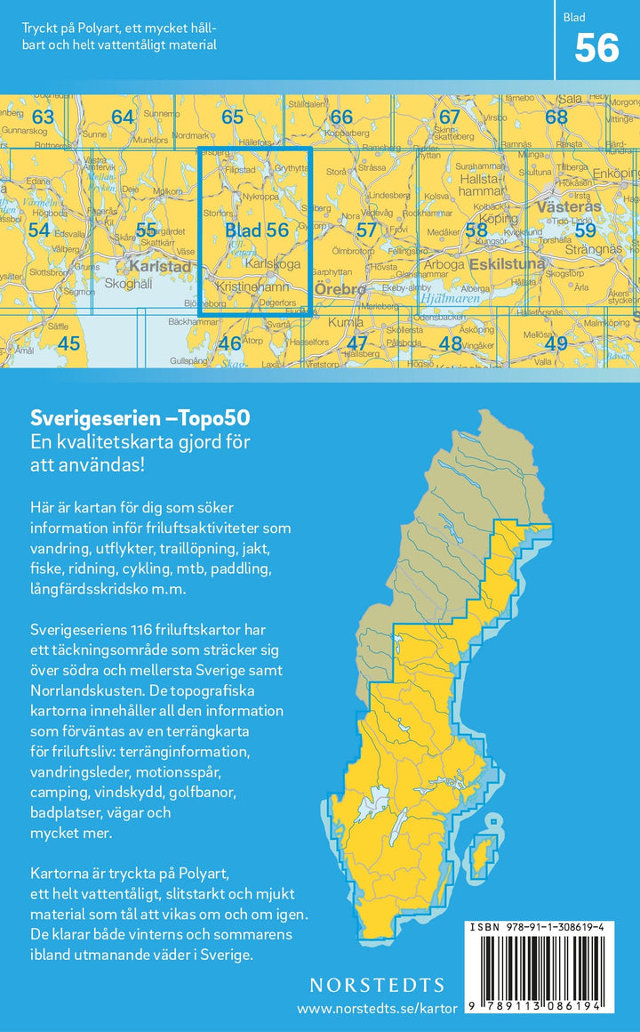 Carte topographique n° 56 - Karlskoga (Suède) | Norstedts - Sverigeserien carte pliée Norstedts 