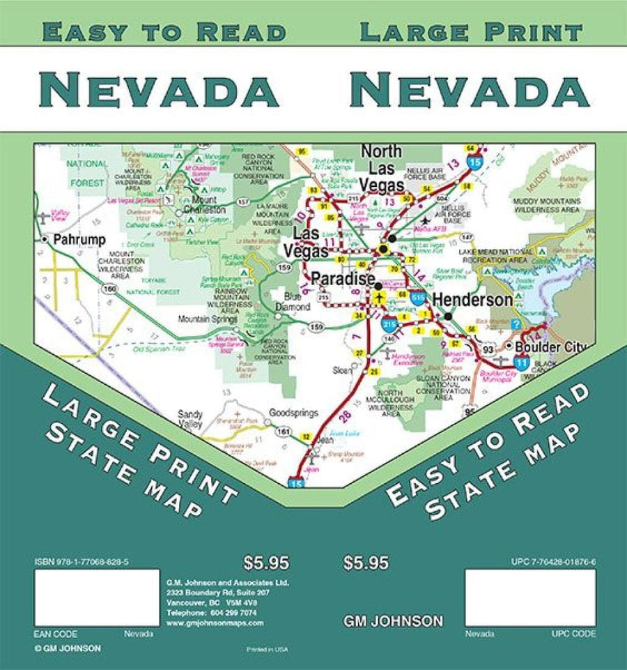 Nevada : easy to read state map : large print | GM Johnson carte pliée 