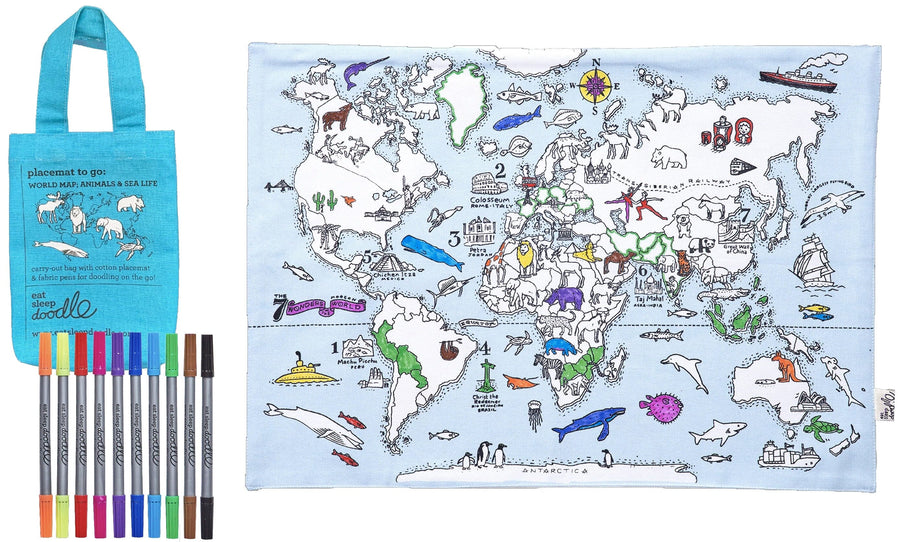 Set de table à colorier - Carte du monde : animaux et vie marine | Eat Sleep Doodle accessoire Eat Sleep Doodle 